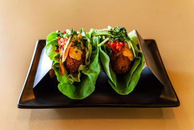 High angle view of meal served on table