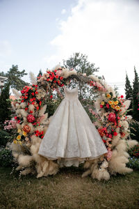 View of plants against white wall and trees