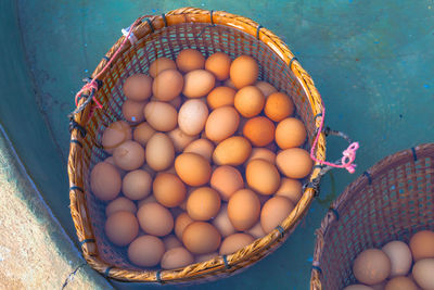 High angle view of eggs in basket for sale