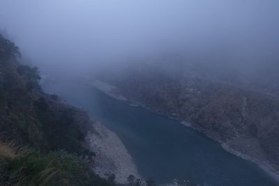 High angle view of waterfall against sky