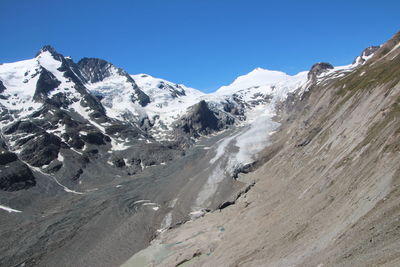 Scenic view of snowcapped mountains against clear sky