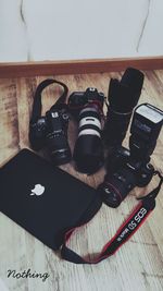 High angle view of camera on table