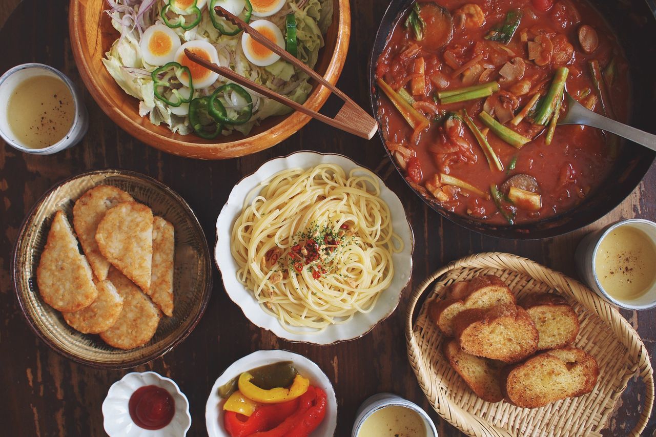 food and drink, food, indoors, freshness, still life, high angle view, ready-to-eat, healthy eating, plate, bowl, table, meal, serving size, directly above, variation, indulgence, close-up, seafood, no people, vegetable