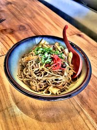 High angle view of food in bowl on table