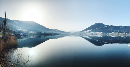 Scenic view of lake and mountains against sky