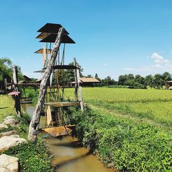 Traditional windmill on field against sky