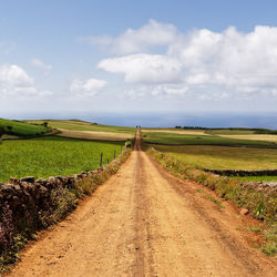 Empty road amidst agricultural field against sky