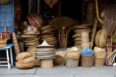 Full frame shot of wicker baskets for sale