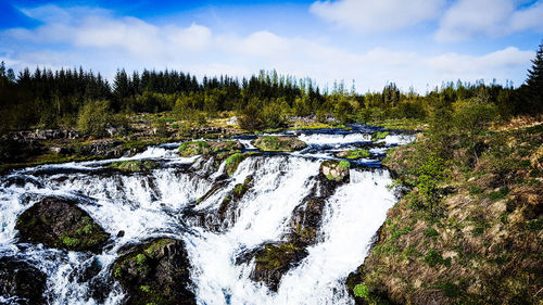 Scenic view of waterfall in forest against sky