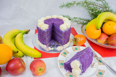 Close-up of cake and fruits on table during christmas