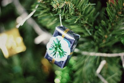 High angle view of gift box on christmas tree