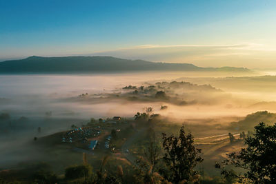 High angle view of landscape against sky during sunset