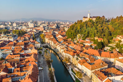 High angle view of buildings in city