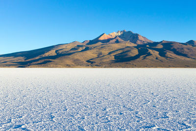 Scenic view of snowcapped mountains against clear blue sky