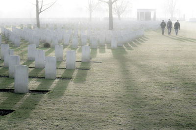 View of cemetery in foggy weather