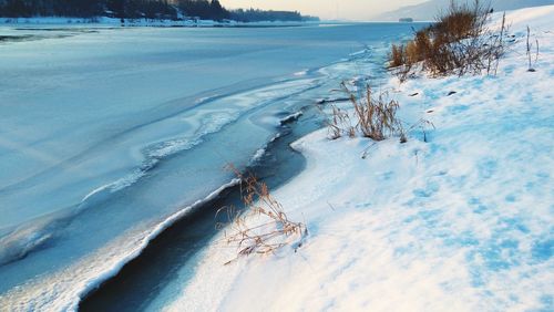 Scenic view of snow covered frozen river