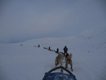 People with sled dogs on snowy field against sky during winter