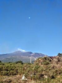 Scenic view of mountains against clear blue sky