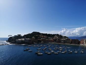 Scenic view of sea and buildings against sky