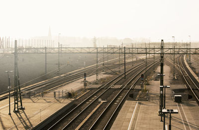 High angle view of railroad tracks against clear sky