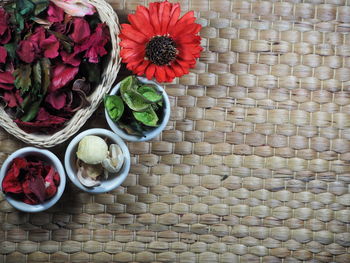 High angle view of various flowers on table