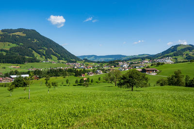 Scenic view of field and mountains against sky