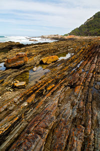 Aerial view of sea and rocks against sky