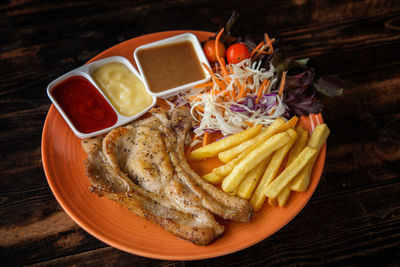 High angle view of food served on table