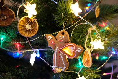 Close-up of illuminated christmas tree