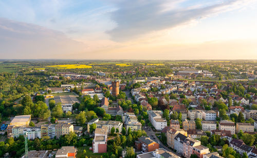 High angle view of townscape against sky at sunset