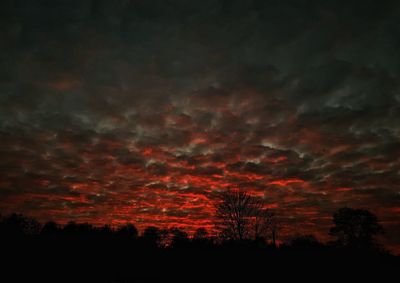 Low angle view of silhouette trees against dramatic sky