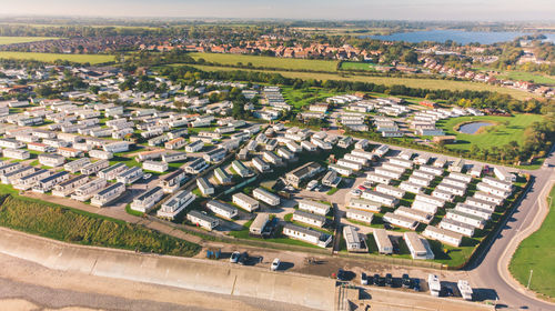 High angle view of road amidst buildings in city