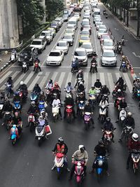 High angle view of vehicles on road in city