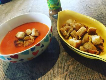 High angle view of soup in bowl on table