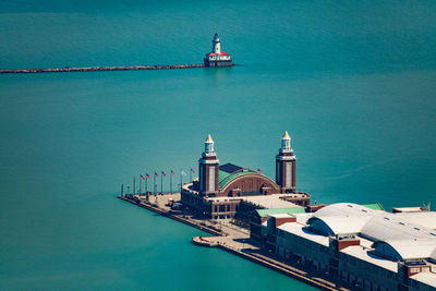 High angle view of building by sea