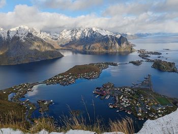 Scenic view of lake and snowcapped mountains against sky