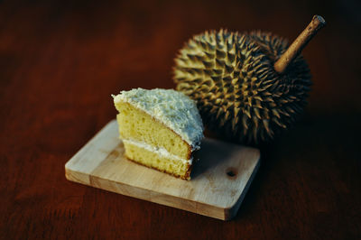 High angle view of dessert on cutting board