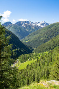 Scenic view of valley and mountains against sky