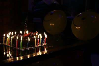 Close-up of illuminated candles on table