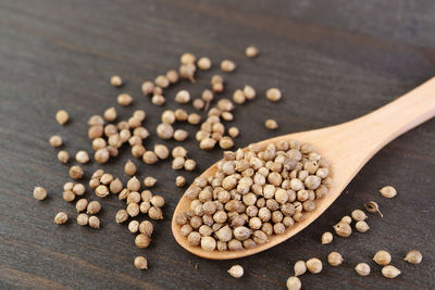 Closeup spoon of dried coriander seeds on black wooden background