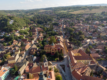 High angle view of buildings in town