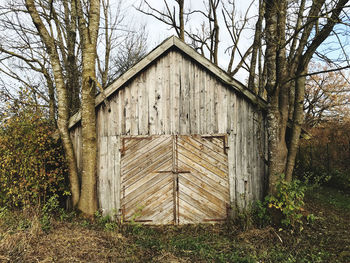 View of wooden hut in forest