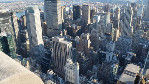 High angle view of modern buildings in city