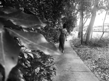 Rear view of woman walking on footpath