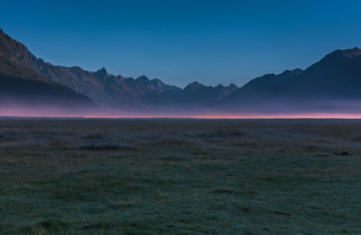 Scenic view of landscape against clear sky during sunset