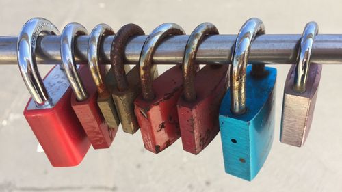 Close-up of padlocks hanging on metal