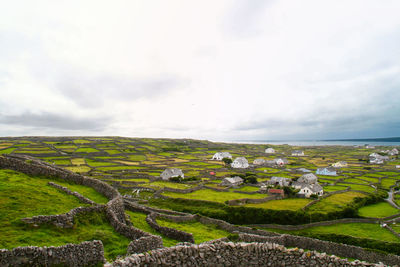 High angle view of houses in field