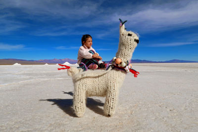 Toy animal against cute girl sitting on field against blue sky