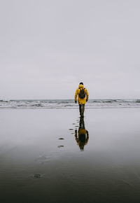 Rear view of man walking on shore at beach