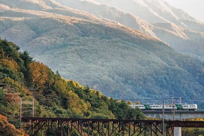 Scenic view of river by mountains during autumn